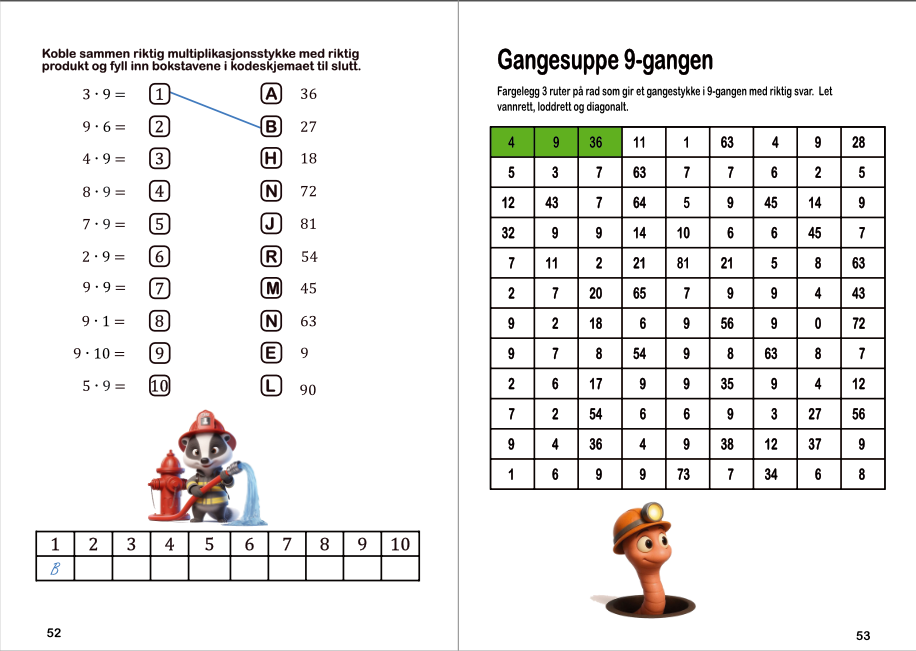 Bli god i Multiplikasjon 6–10-gangen side 52 og 53 i 6 10 gangen som viser artig variant av mengde trening med kodeløsning og gangesuppe png